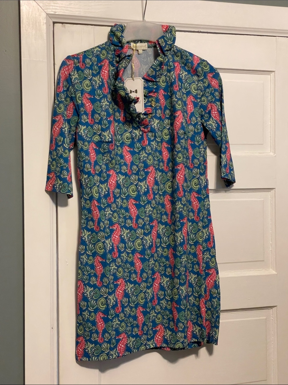 Simply Southern Teal Dress with Pink Seahorse Pattern